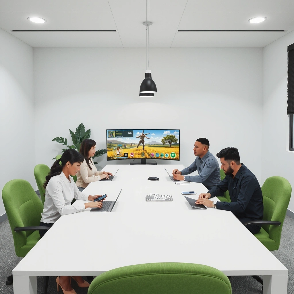 Mobile game development workspace with designers and developers